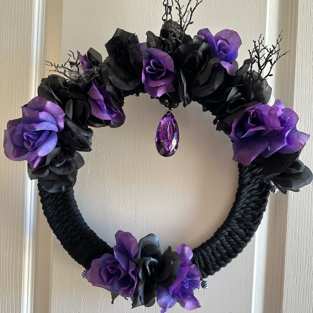 14” black & purple wreath, handmade Halloween or accent any desired area